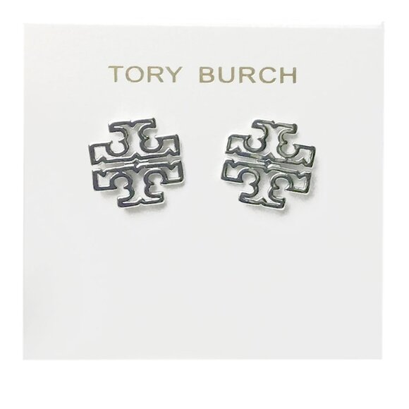 Tory Burch Britten Logo Silver Stud Earrings NWQT - Picture 3 of 8